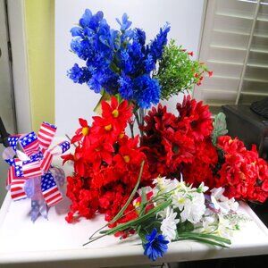 Variety of Silk Flowers Lots of Red, Few White, Some Blue over 1 pound Patriotic